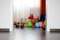 ChildrenÃ¢â¬â¢s multicolored toys on wooden floor or carpet on kids room